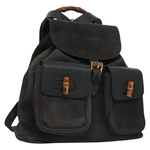 GUCCI Bamboo Backpack Suede Leather Blue Gray gold - Picture 1 of 16